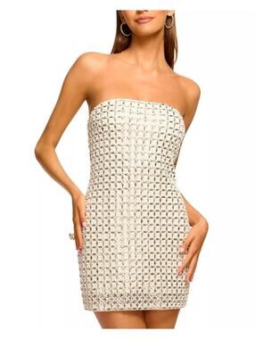 1095$ Ramy Brook Harper Beaded Strapless Mini Cocktail Dress Size 10 Ivory